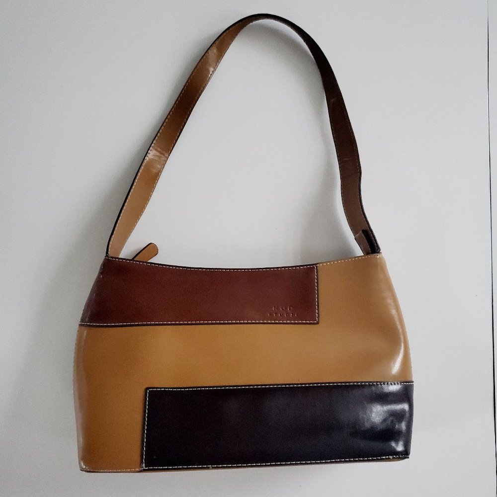 KGB Faux Leather Patchwork Shoulder Bag Colourblock Tan Black Brown 70s Revival